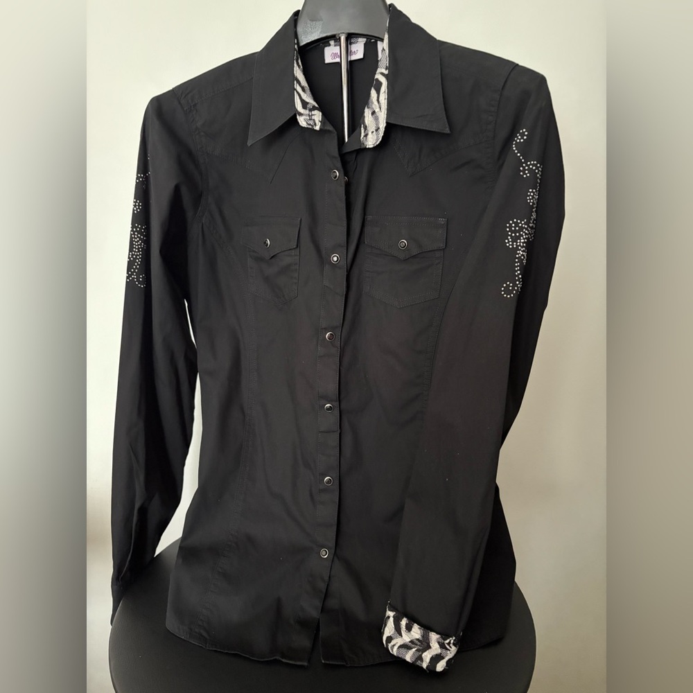 Wrangler Vintage Western Unique Zebra Lace Accented Blinged Ladies Cowgirl Shirt